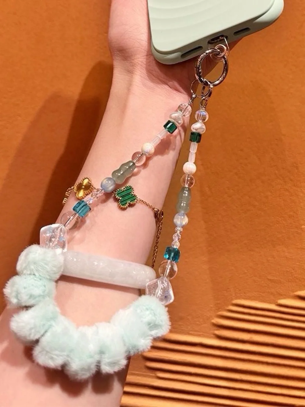Mint Fluffy Loop Phone Wrist Strap | Crystal Beads | Y2K Coquette Aesthetic